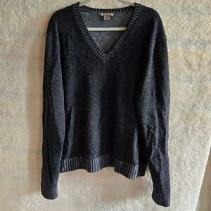 Amicale Wool & Cashmere V-Neck Sweater - Charcoal Gray- Striped Collar and Cuffs